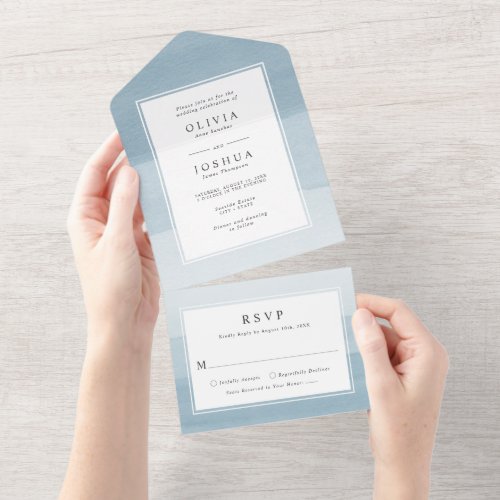 Modern Watercolor Dusty Blue Ombre Border Wedding All In One Invitation