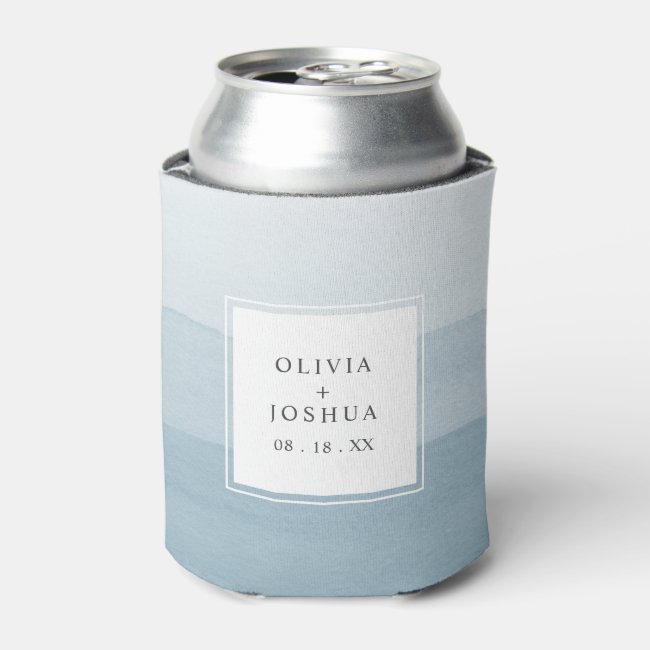 Modern Watercolor Dusty Blue Ombre Wedding Can Cooler