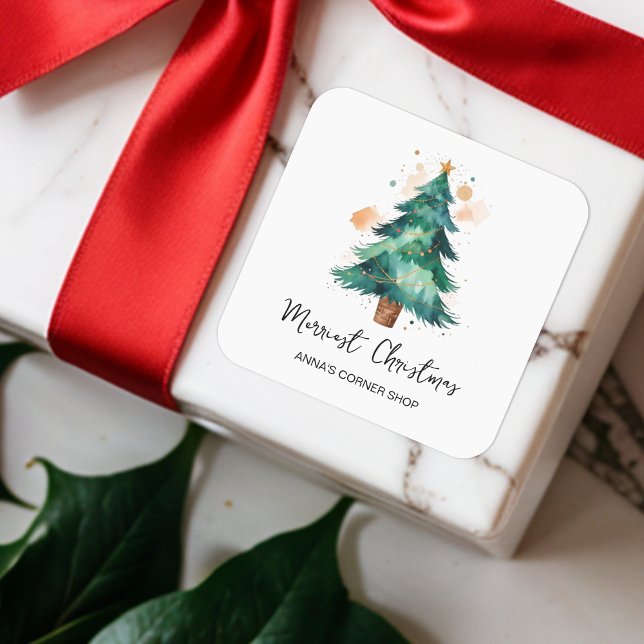 Modern Watercolor Effect Christmas Tree Business Square Sticker (Modern Watercolor Effect Christmas Tree Square Sticker for Business or Families Christmas Gifts. )