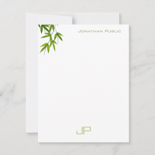Modern Watercolor Elegant Green Leaves Monogram Note Card (Front)