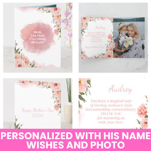 Modern Watercolor Elegant Pink Floral Mothers Day Card