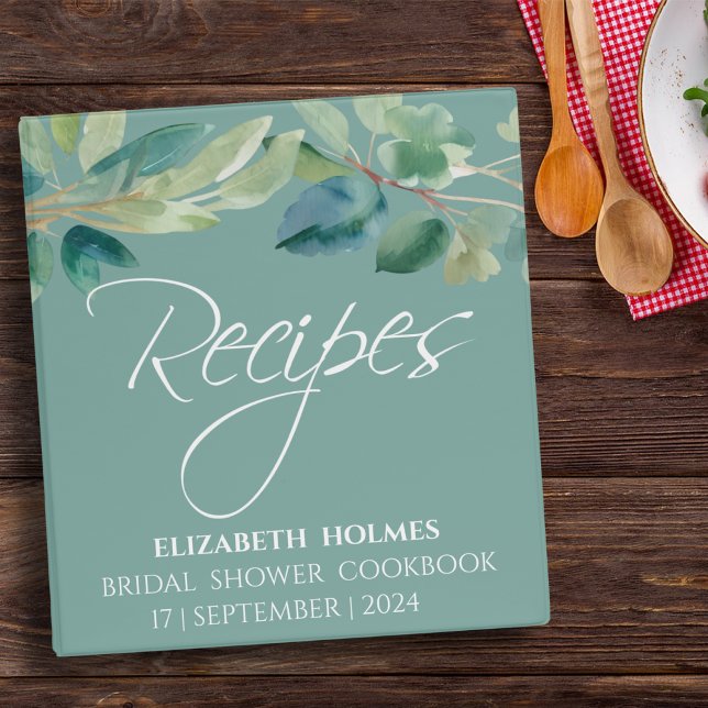 Modern Watercolor Eucalyptus Bridal Shower Recipe 3 Ring Binder (Creator Uploaded)