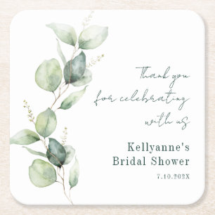Modern Watercolor Eucalyptus Bridal Shower Square Paper Coaster