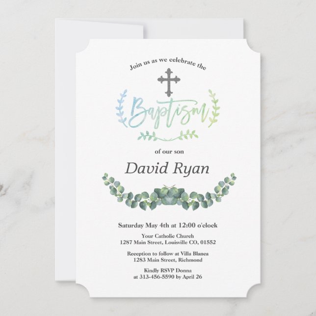 Modern Watercolor Eucalyptus Cross Baptism Invitation (Front)