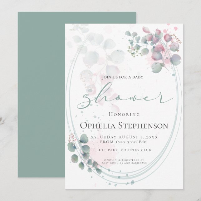 Modern Watercolor Eucalyptus Foliage  Baby Shower Invitation (Front/Back)