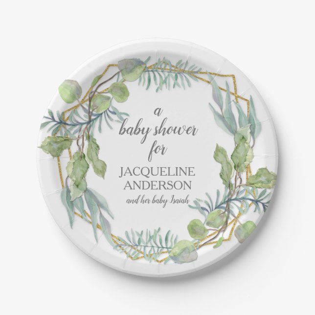 Modern Watercolor Eucalyptus Foliage Baby Shower Paper Plates (Front)