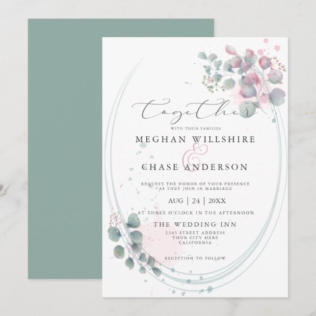 Modern Watercolor Eucalyptus Foliage BarefootBride Invitation (Front/Back)