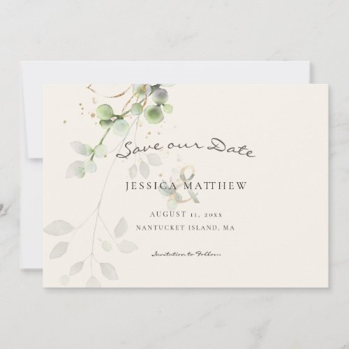 Modern Watercolor Eucalyptus  Gold Wedding Ecru Save The Date