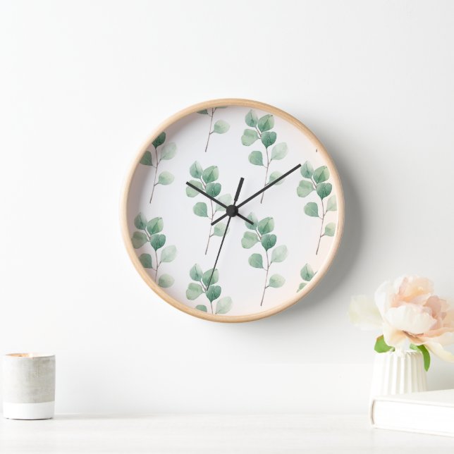 Modern Watercolor Eucalyptus Green Pattern Clock (Home)
