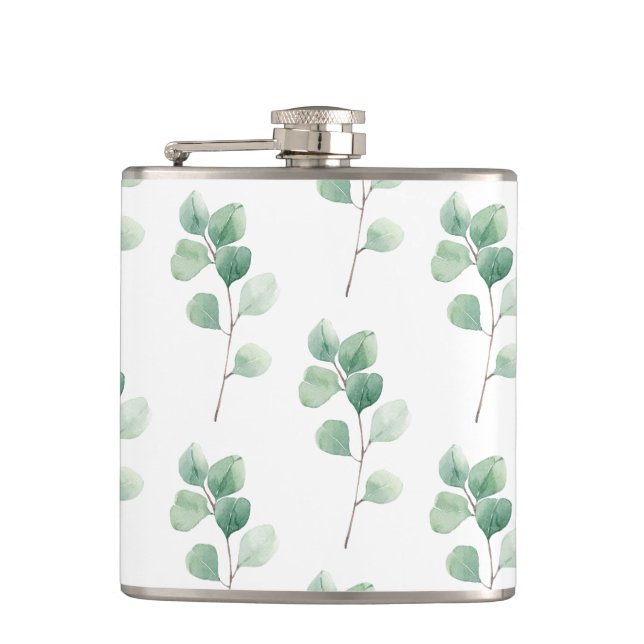 Modern Watercolor Eucalyptus Green Pattern Flask (Front)