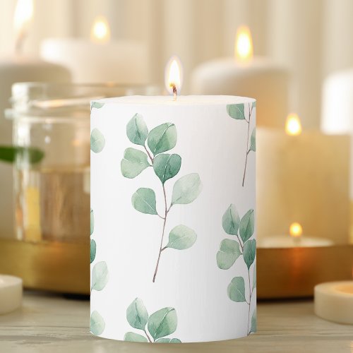 Modern Watercolor Eucalyptus Green Pattern Pillar Candle