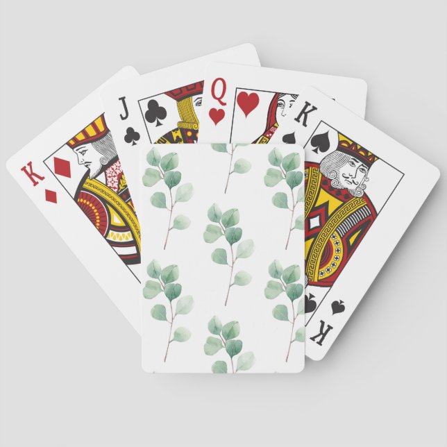 Modern Watercolor Eucalyptus Green Pattern Poker Cards (Back)