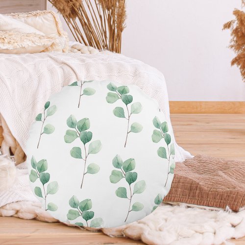 Modern Watercolor Eucalyptus Green Pattern Round Pillow