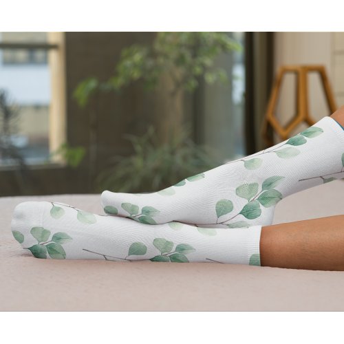 Modern Watercolor Eucalyptus Green Pattern Socks