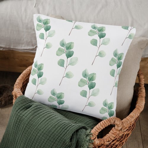 Modern Watercolor Eucalyptus Green Pattern Throw Pillow