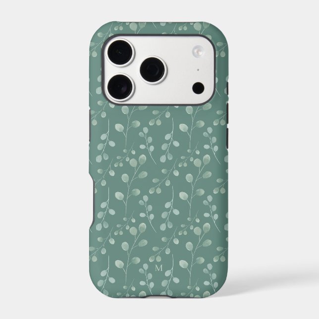 Modern Watercolor Eucalyptus Green Personalized iPhone Case (Back)