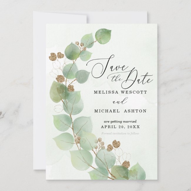 Modern Watercolor Eucalyptus Greenery Gold Accent 