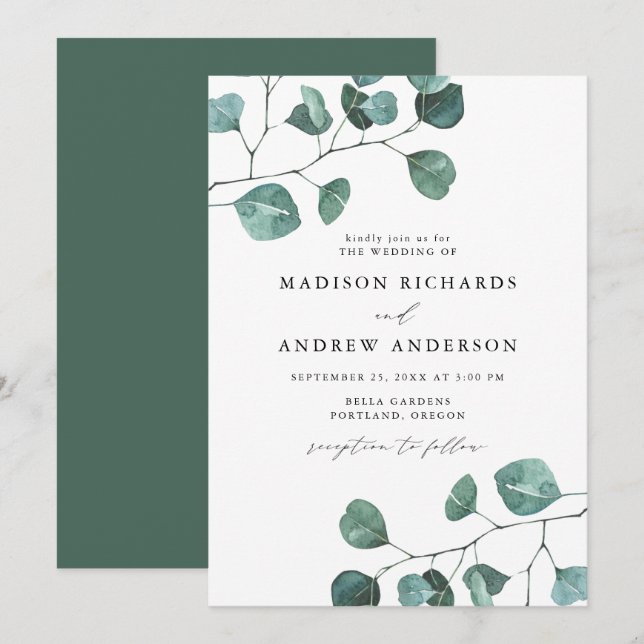 Modern Watercolor Eucalyptus Greenery Wedding Invitation (Front/Back)