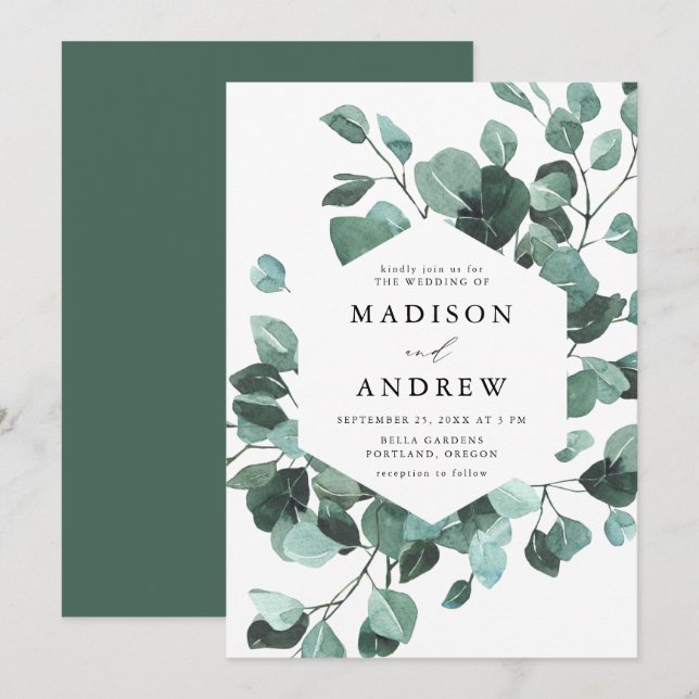 Modern Watercolor Eucalyptus Greenery Wedding Invitation (Front/Back)
