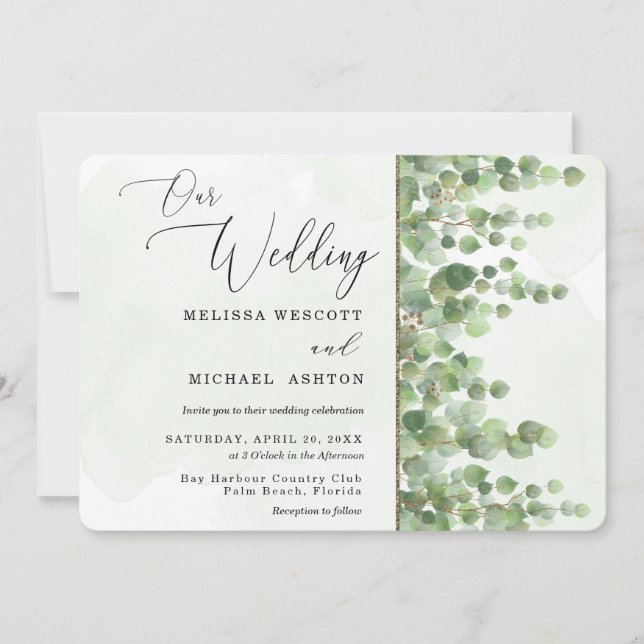 Modern Watercolor Eucalyptus Greenery Wedding  Invitation (Front)