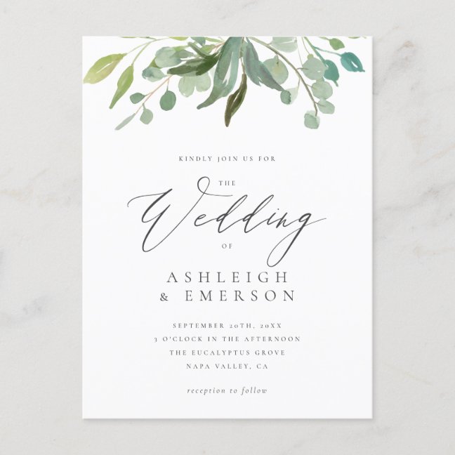 Modern Watercolor Eucalyptus Greenery Wedding Invitation Postcard