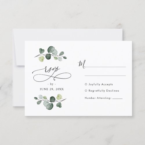Modern Watercolor Eucalyptus Greenery Wedding RSVP Card - Designed to coordinate with our Botanical Greenery wedding collection, this customizable RSVP card, features watercolor greenery eucalyptus branch & features a sweeping calligraphy script graphic text paired with a classy serif & modern sans font in black.