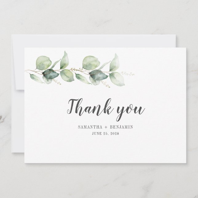 Modern Watercolor Eucalyptus Greenery Wedding Thank You Card (Front)