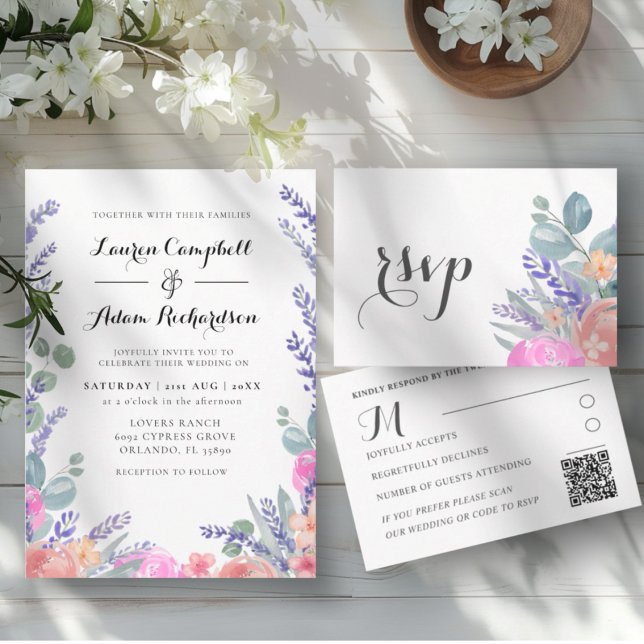 Modern Watercolor Eucalyptus & Lavender Wedding Invitation (Creator Uploaded)