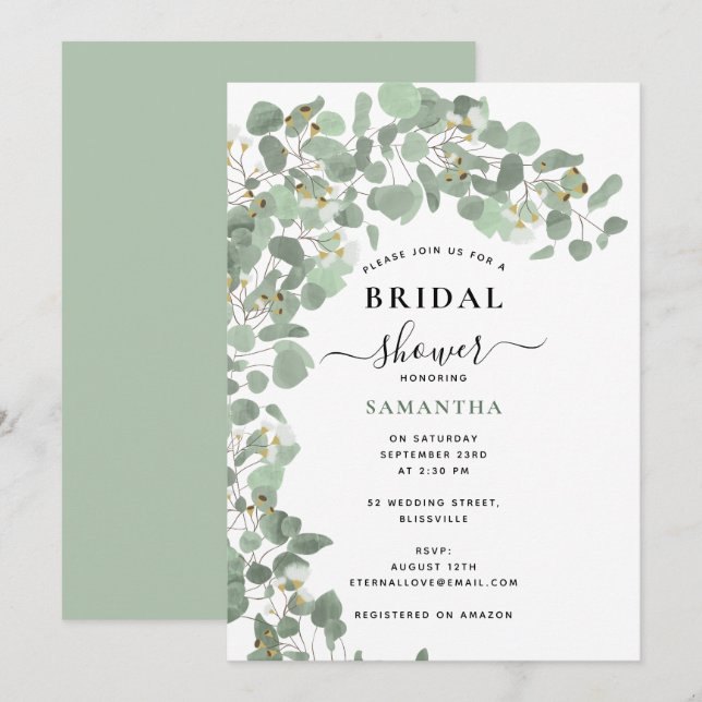 Modern Watercolor Eucalyptus Leaves Bridal Shower Invitation (Front/Back)
