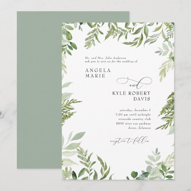 Modern Watercolor Eucalyptus Parents Sage Wedding  Invitation (Front/Back)
