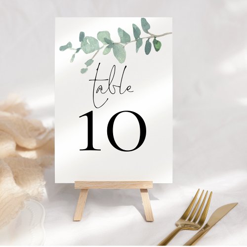 Modern Watercolor Eucalyptus Script Wedding  Table Number