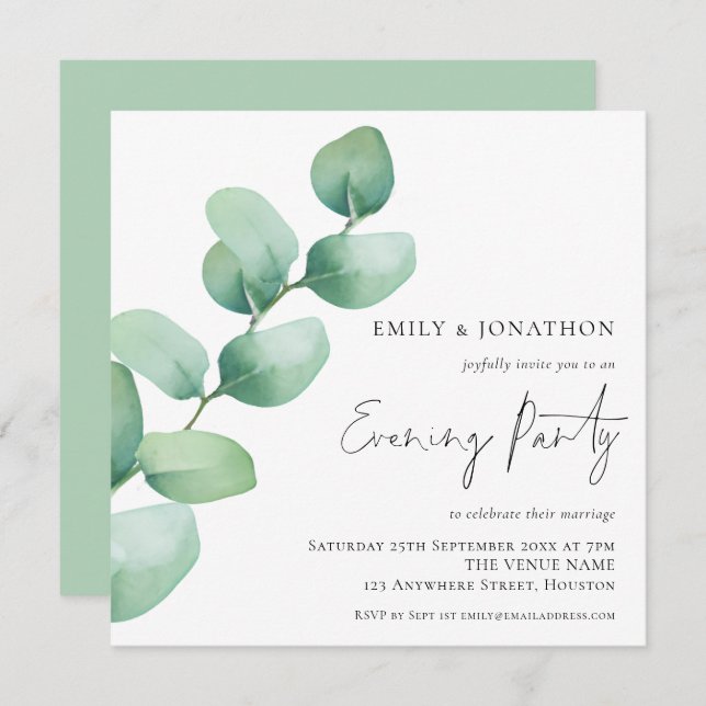 Modern Watercolor Eucalyptus Wedding Evening Party Invitation (Front/Back)