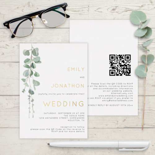 Modern Watercolor Eucalyptus Wedding Gold Real Foil Invitation