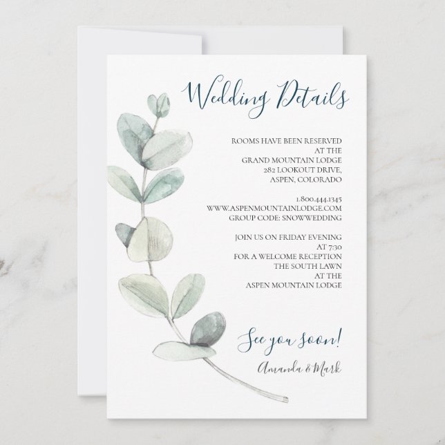 Modern Watercolor Eucalyptus Wedding Info Card (Front)
