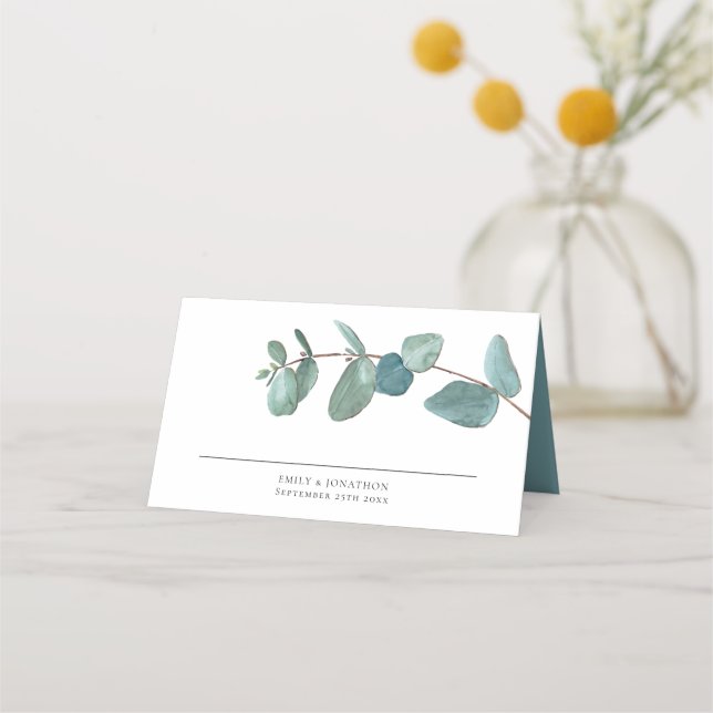 Modern Watercolor Eucalyptus Wedding Place Card (Front)