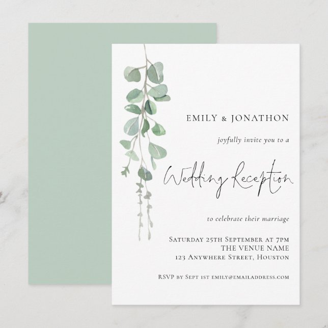 Modern Watercolor Eucalyptus Wedding Reception Invitation (Front/Back)