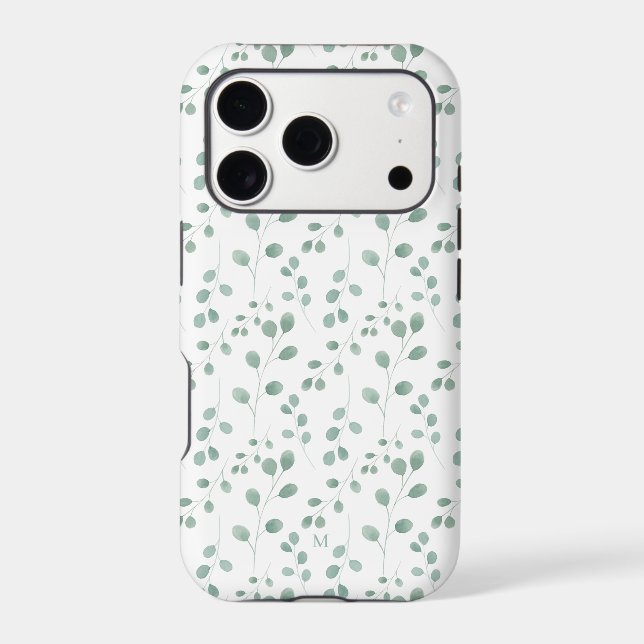 Modern Watercolor Eucalyptus White Personalized iPhone Case (Back)