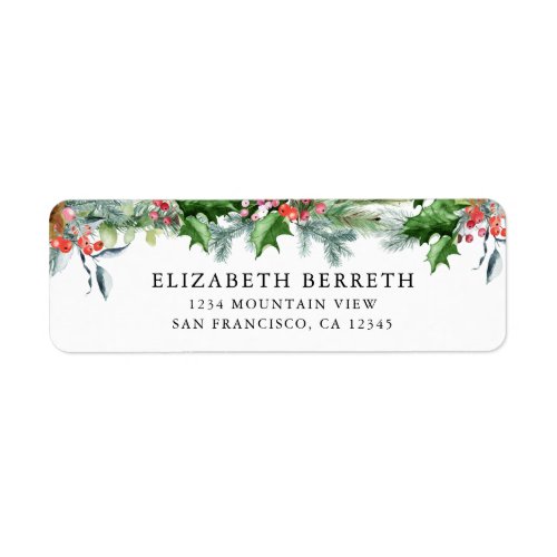 Modern Watercolor Evergreen Holly Berries Holiday Label