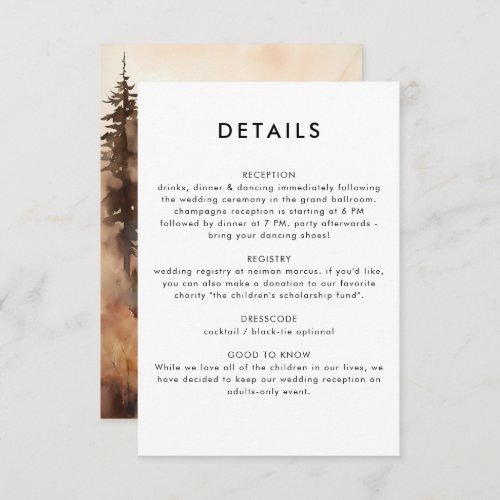 Modern Watercolor Fall Forest Wedding Details Enclosure Card