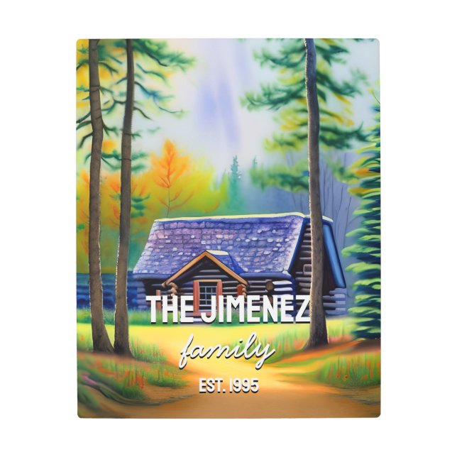 Modern watercolor fall log cabin elegant family metal print (Front)