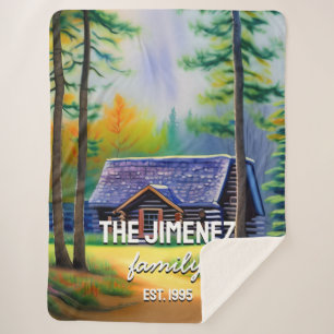 Modern watercolor fall log cabin elegant family sherpa blanket