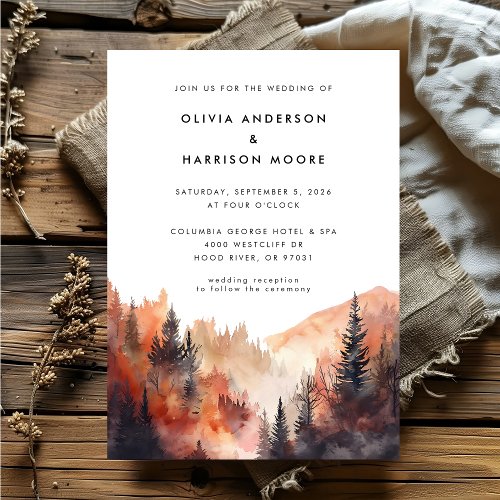 Modern Watercolor Fall Mountain QR Code Wedding  Invitation