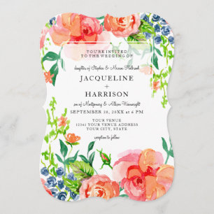 Modern Watercolor Fall Orange Blue Roses Floral Invitation
