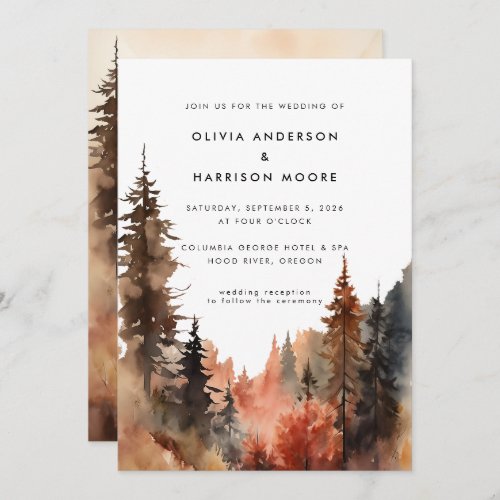 Modern Watercolor Fall Outdoor Mountain Wedding  Invitation