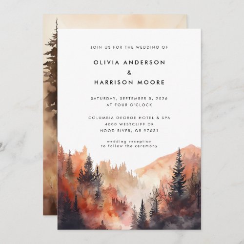 Modern Watercolor Fall Outdoor Mountain Wedding  Invitation
