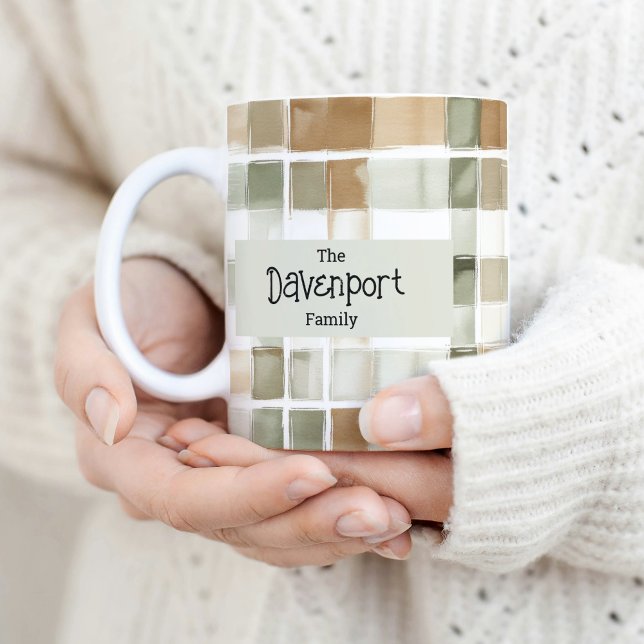 Modern Watercolor Fall Plaid Family Name Coffee Mug (Creator Uploaded)