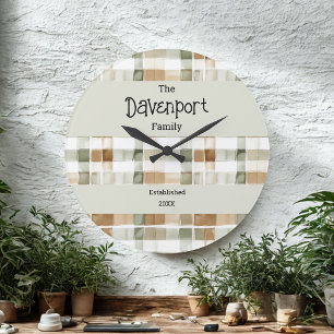 Modern Watercolor Fall Plaid Family Name Large Clock