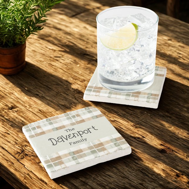Modern Watercolor Fall Plaid Family Name Stone Coaster (Creator Uploaded)
