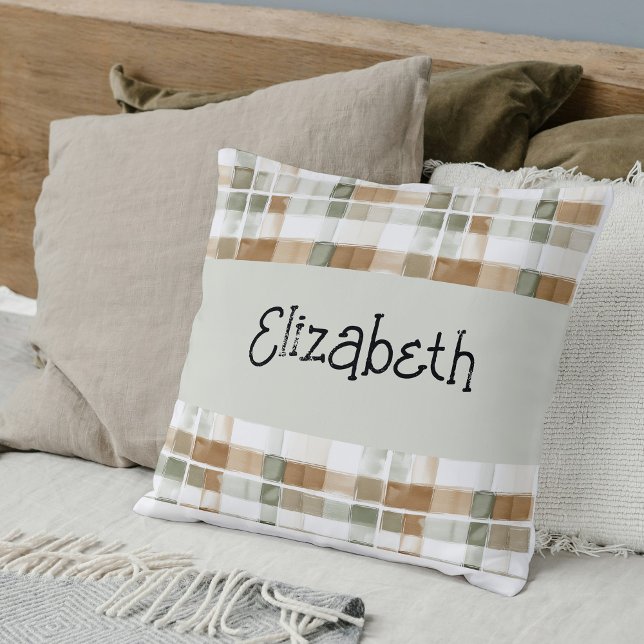 Modern Watercolor Fall Plaid Name Throw Pillow (Creator Uploaded)
