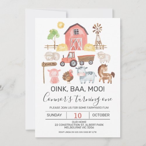 Modern Watercolor Farm Birthday Invitation